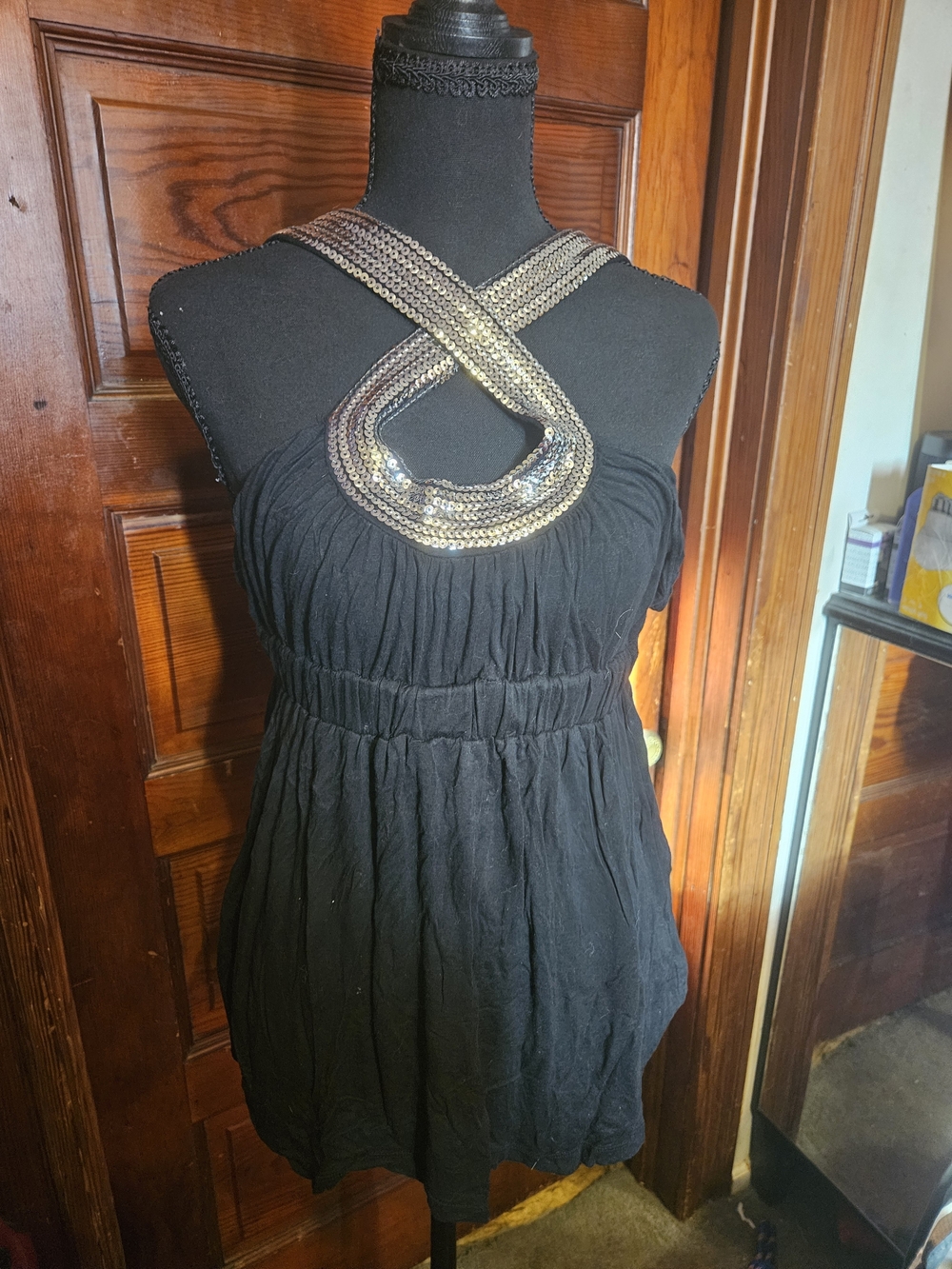 Black Sleeveless Dress with Silver Sequin Crisscross Neckline